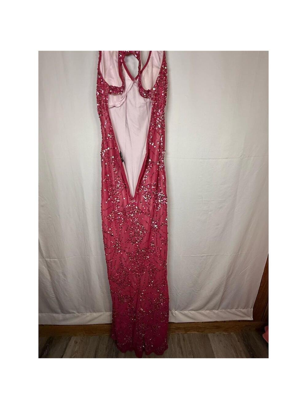 Adrianna Papell Gown Womens Size 8 Pink Sequin Halter Maxi Deep V Back Cutout - Picture 16 of 16